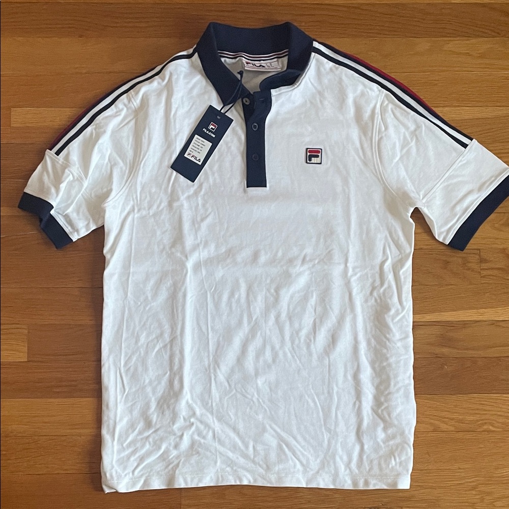 Fila Men's White Knit Polo Shirt with Navy and Red Accents